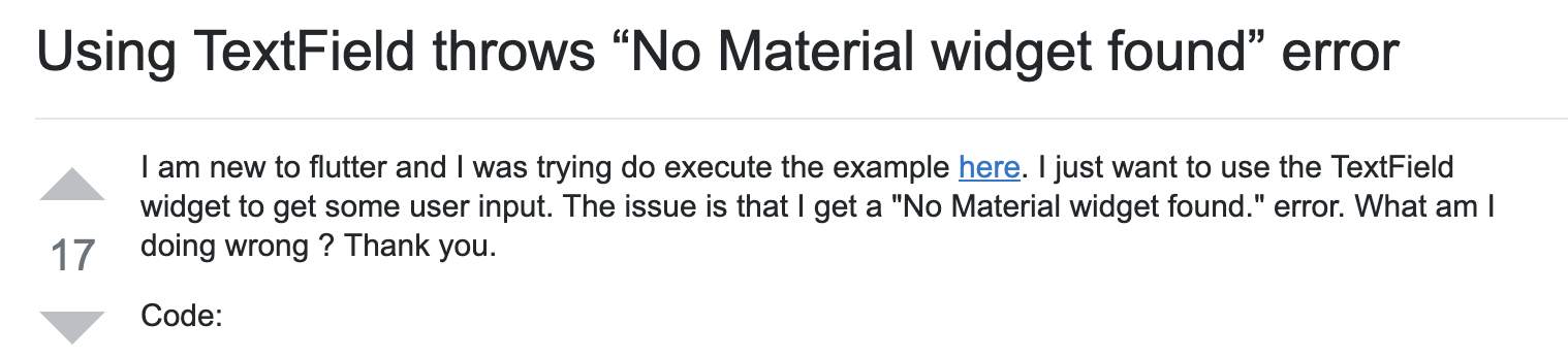 A question posted to StackOverflow about the “No Material widget found” error